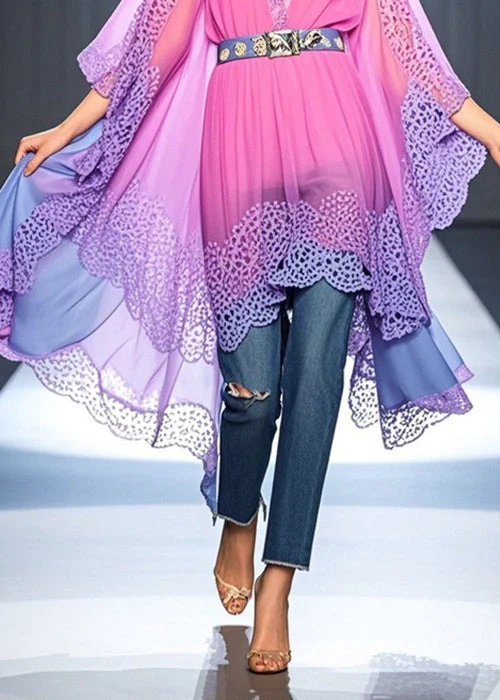 Fashion Rose Gradient Color V Neck Lace Tulle Dress Bracelet Sleeve - Image 4
