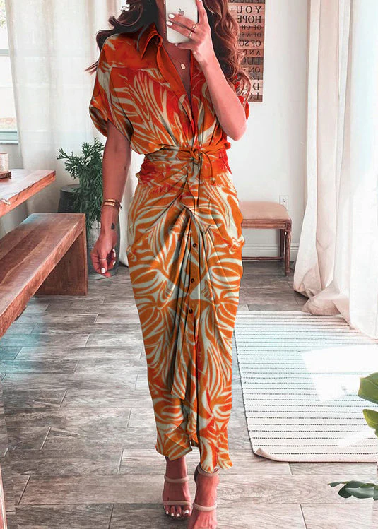 Fashion Rose Lantern Sleeve Lace Up Slit Lapel Dress - Image 3