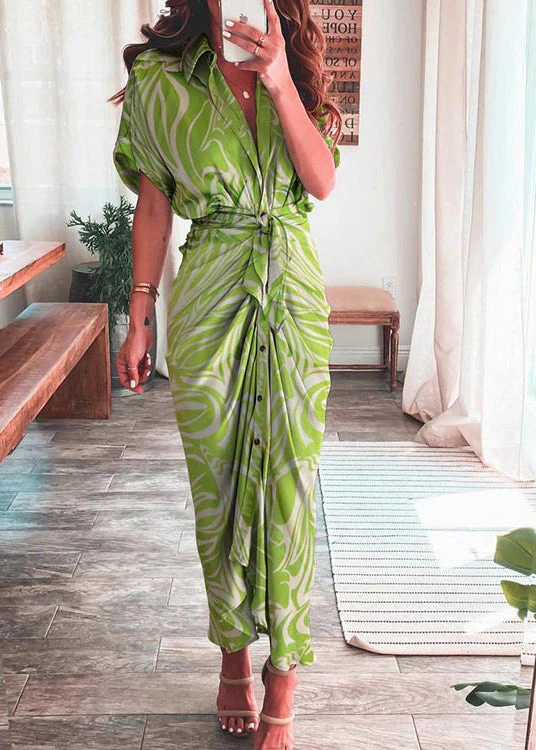 Fashion Rose Lantern Sleeve Lace Up Slit Lapel Dress - Image 4