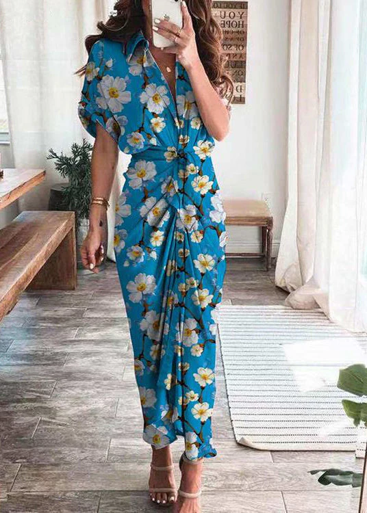 Fashion Rose Lantern Sleeve Lace Up Slit Lapel Dress - Image 5