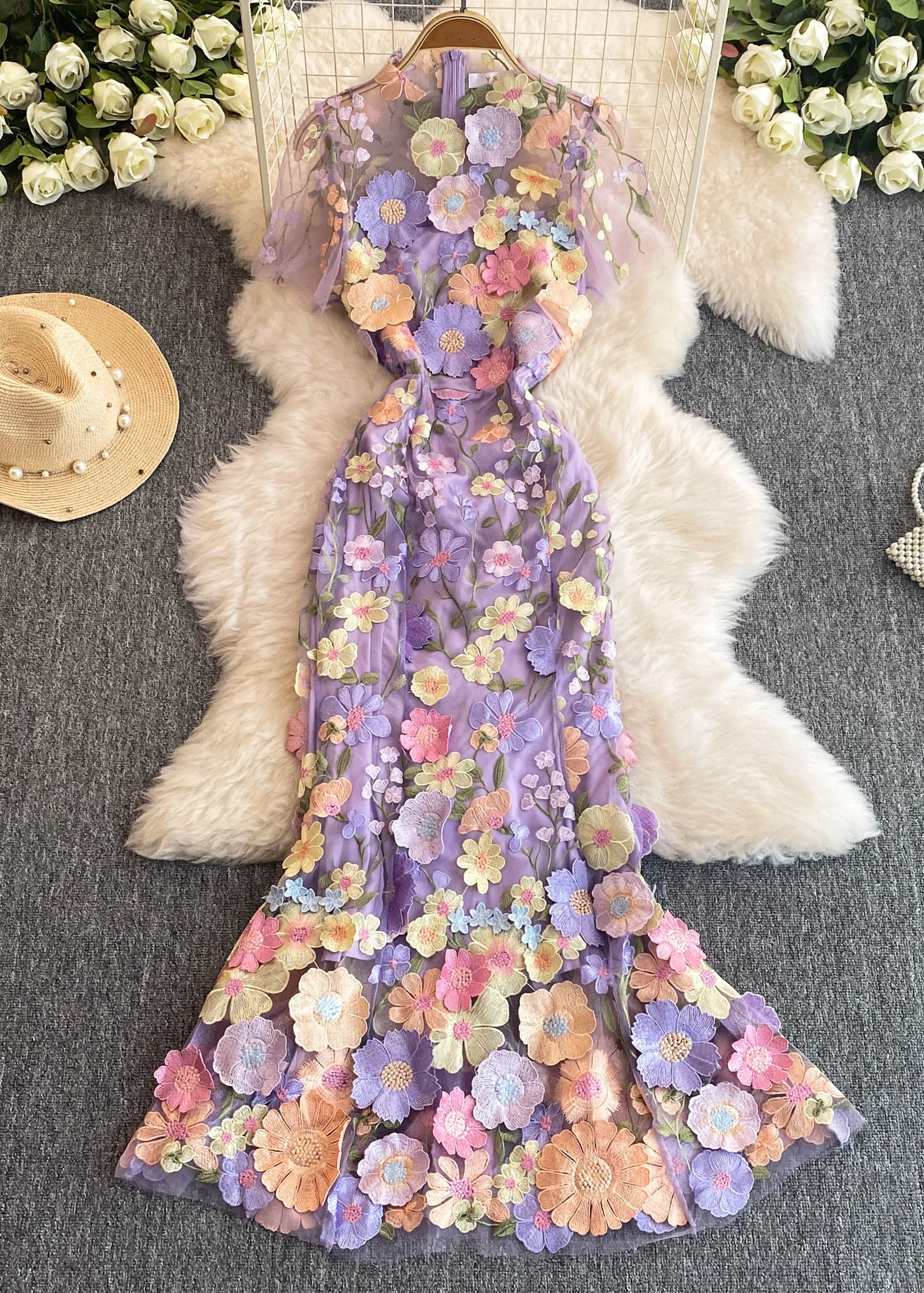 Fashion Rose O-Neck Flattering Tulle Maxi Dresses Summer - Image 2