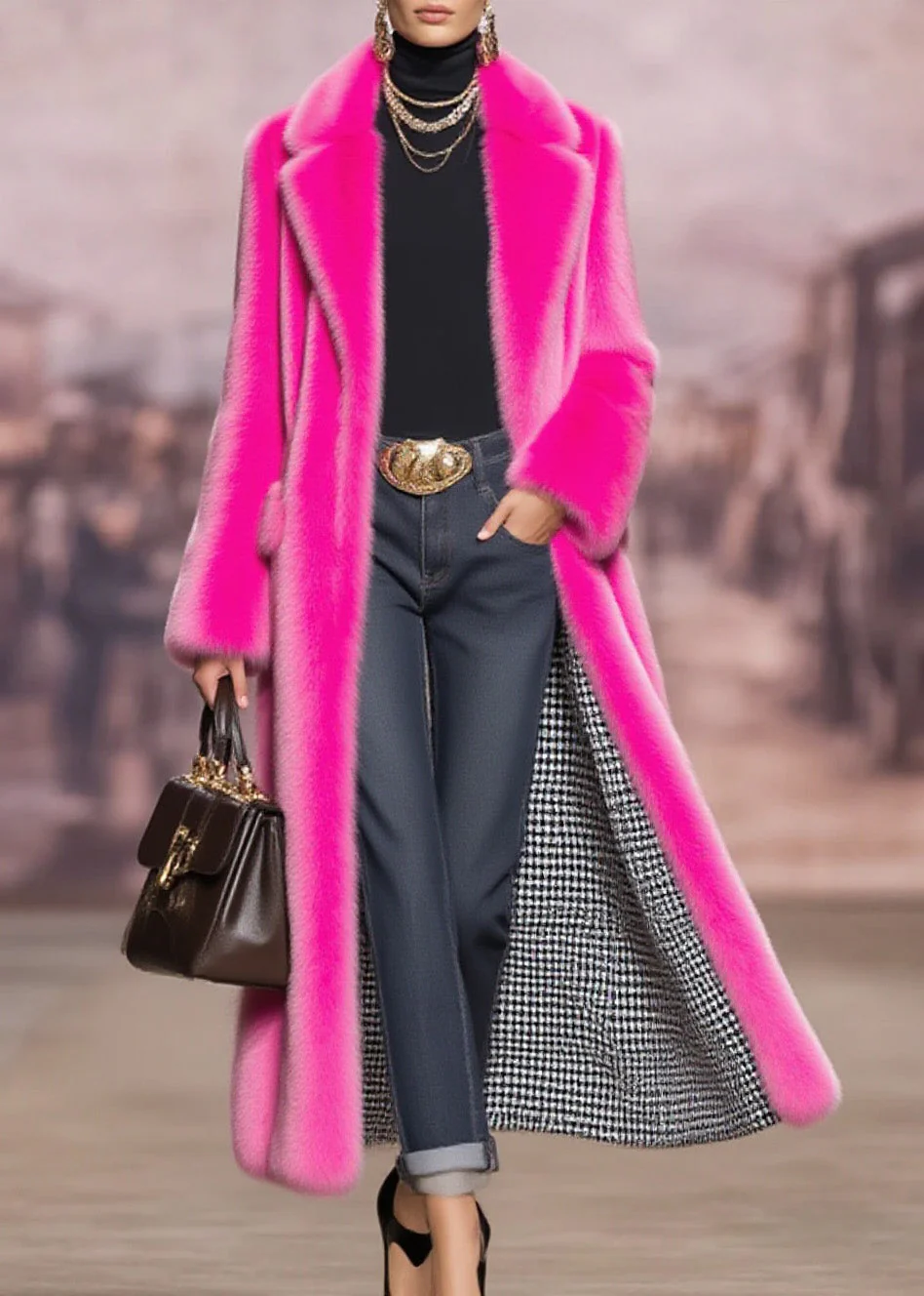 Fashion Rose Peter Pan Collar Pockets Faux Fur Coat Winter