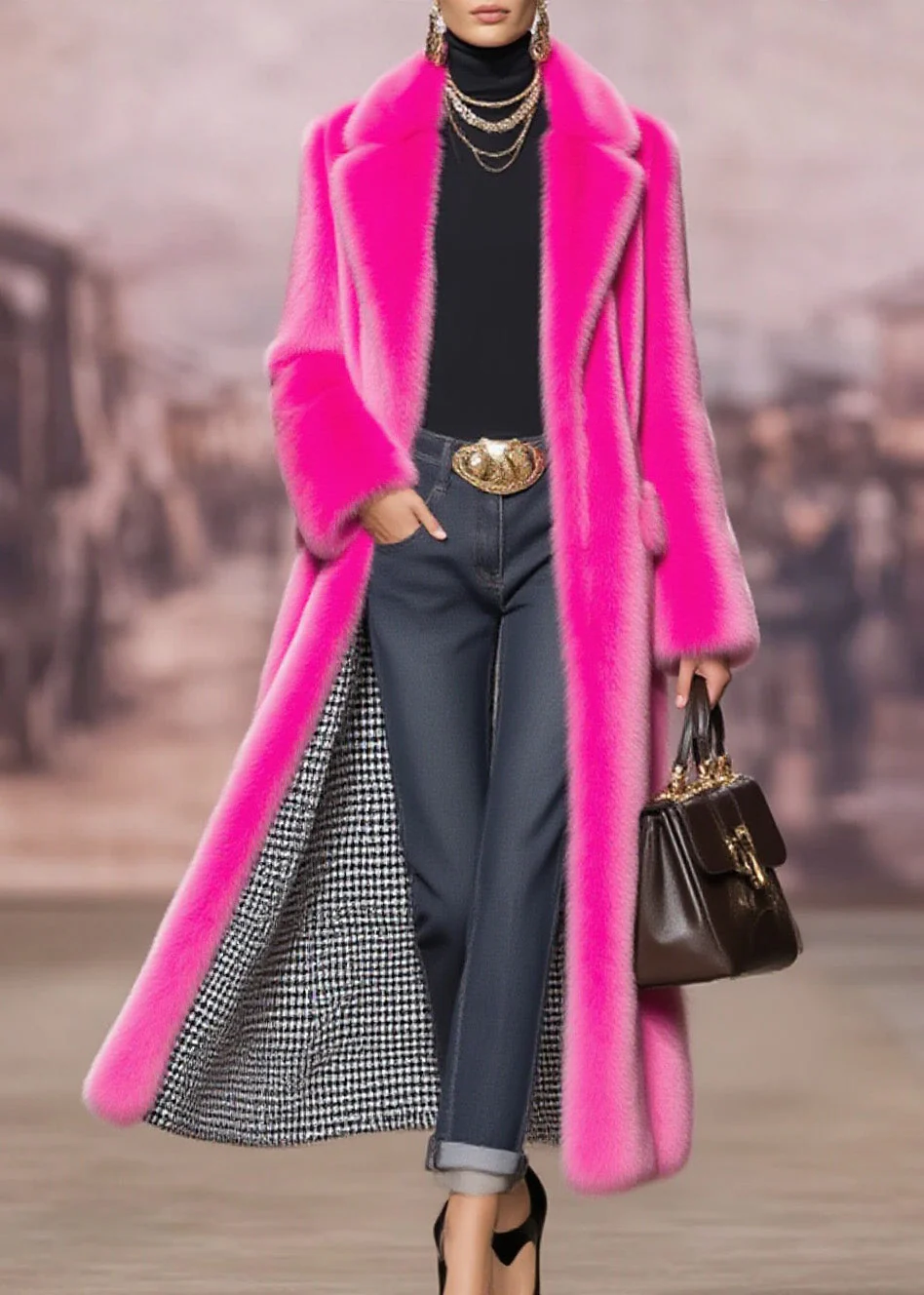 Fashion Rose Peter Pan Collar Pockets Faux Fur Coat Winter - Image 3