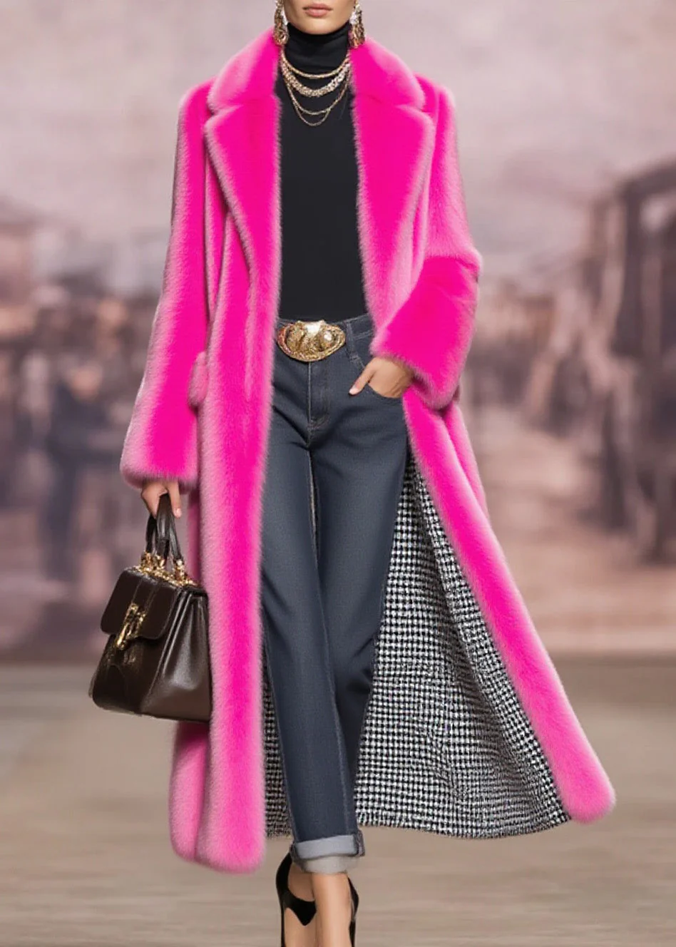 Fashion Rose Peter Pan Collar Pockets Faux Fur Coat Winter - Image 5