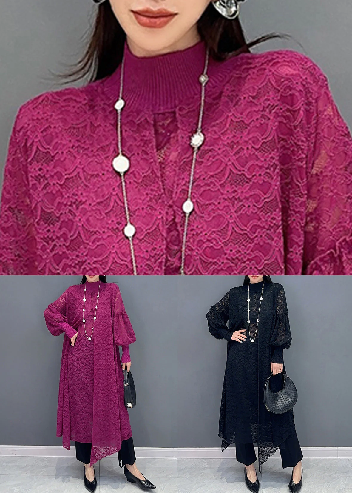 Fashion Rose Ruffled False Two Pieces Lace Dress Spring - Image 5