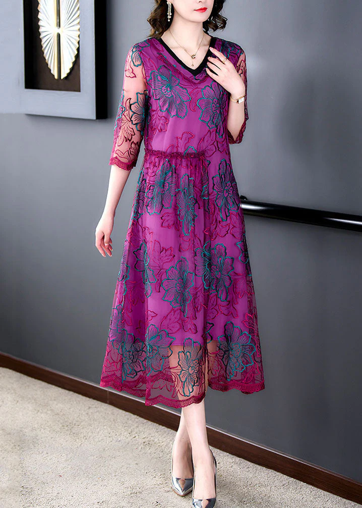 Fashion Rose V Neck Embroideried Patchwork Silk Dresses Summer - Image 2
