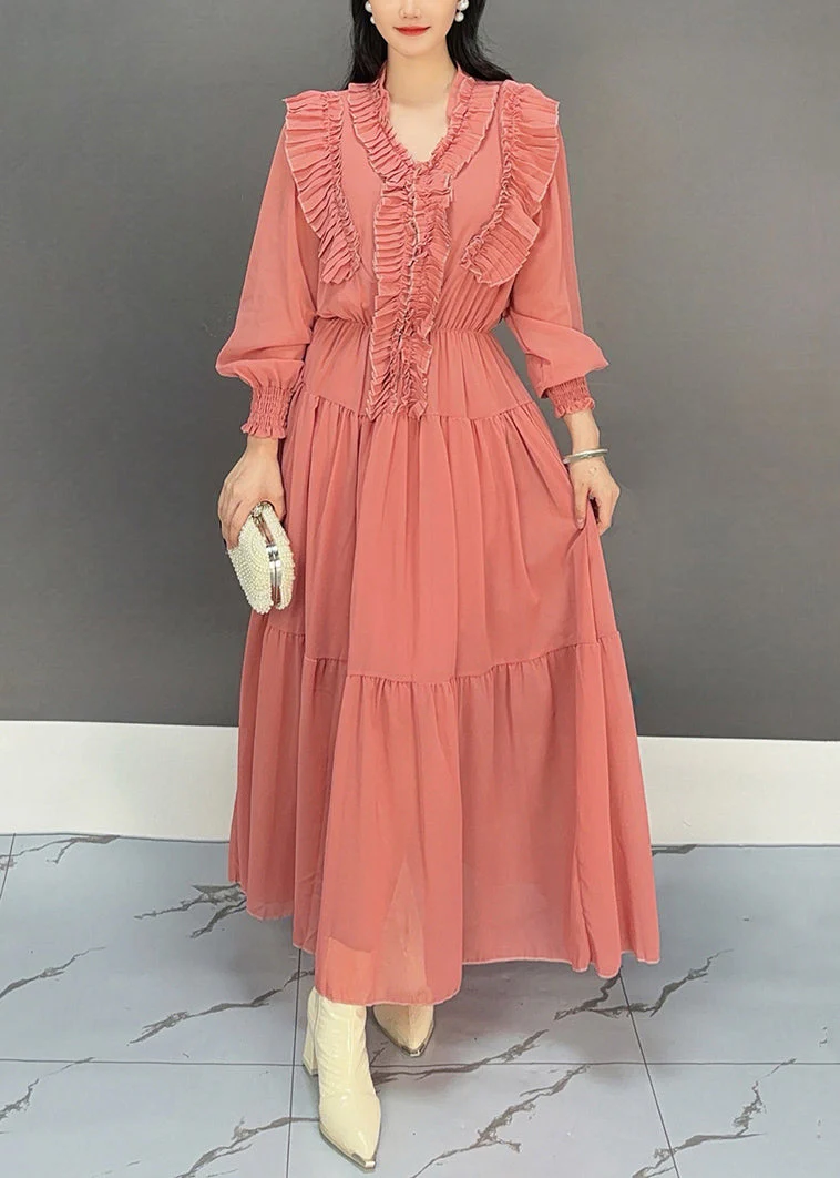 Fashion Rubber Red V Neck Ruffled Chiffon Dresses Fall - Image 2