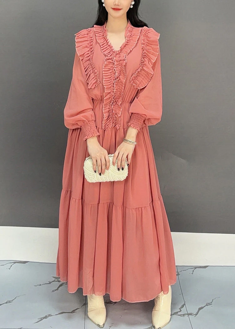 Fashion Rubber Red V Neck Ruffled Chiffon Dresses Fall - Image 3