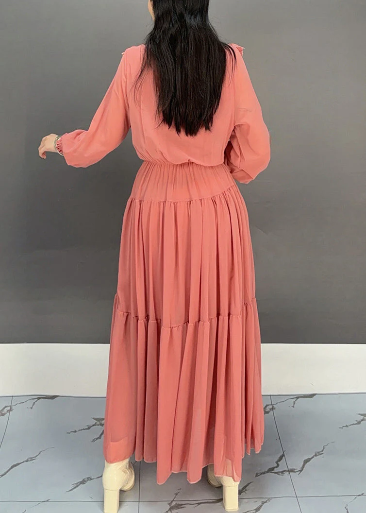 Fashion Rubber Red V Neck Ruffled Chiffon Dresses Fall - Image 4
