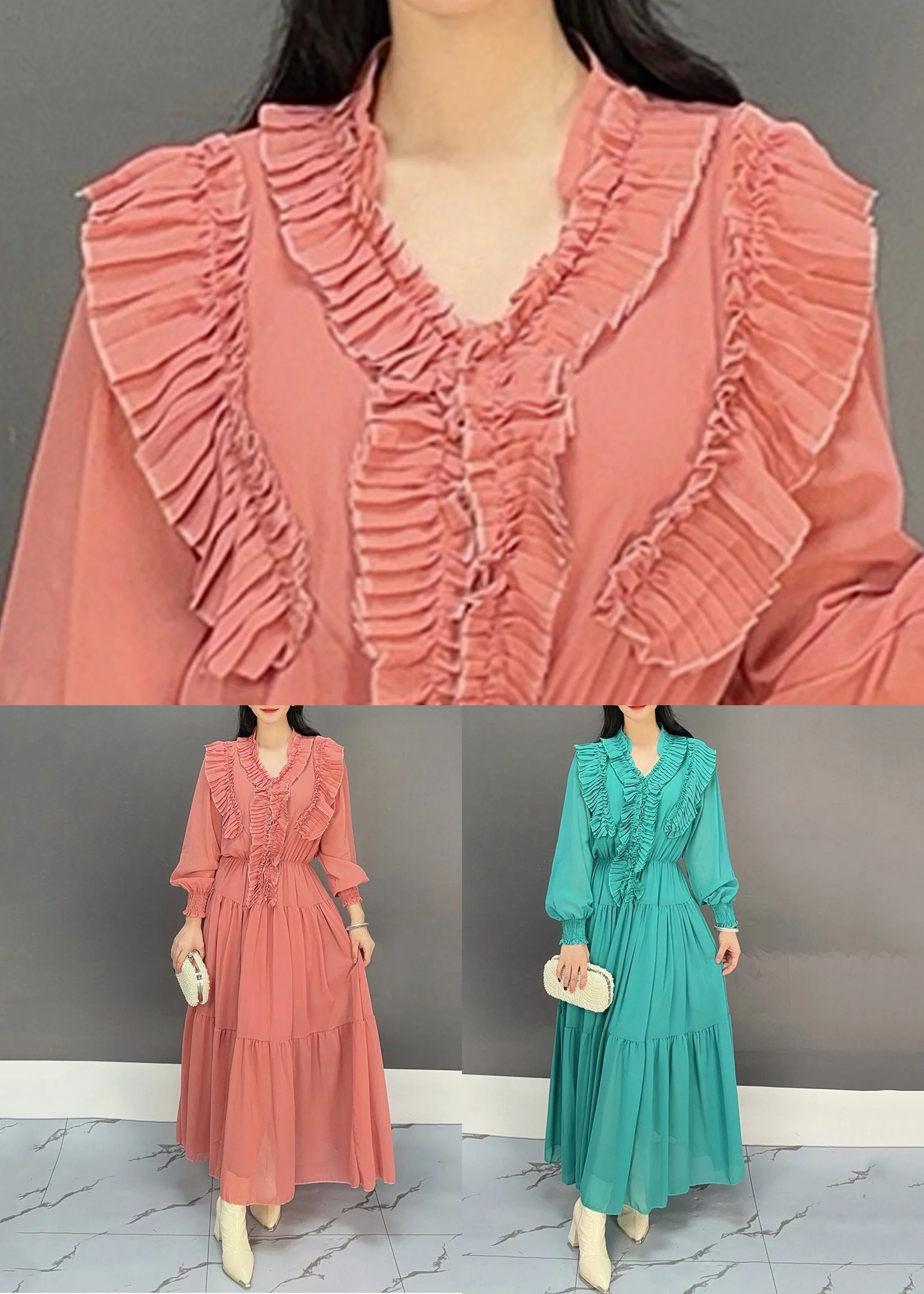 Fashion Rubber Red V Neck Ruffled Chiffon Dresses Fall - Image 5