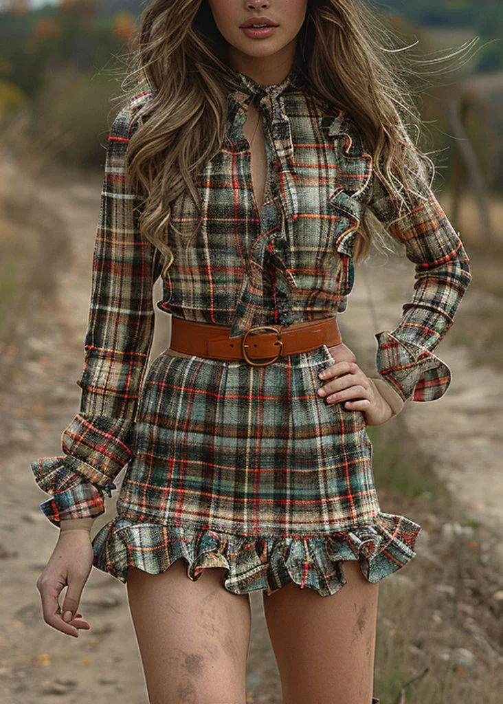 Fashion Ruffled Plaid Pastoral Style Long Sleeve Mini Dress - Image 3