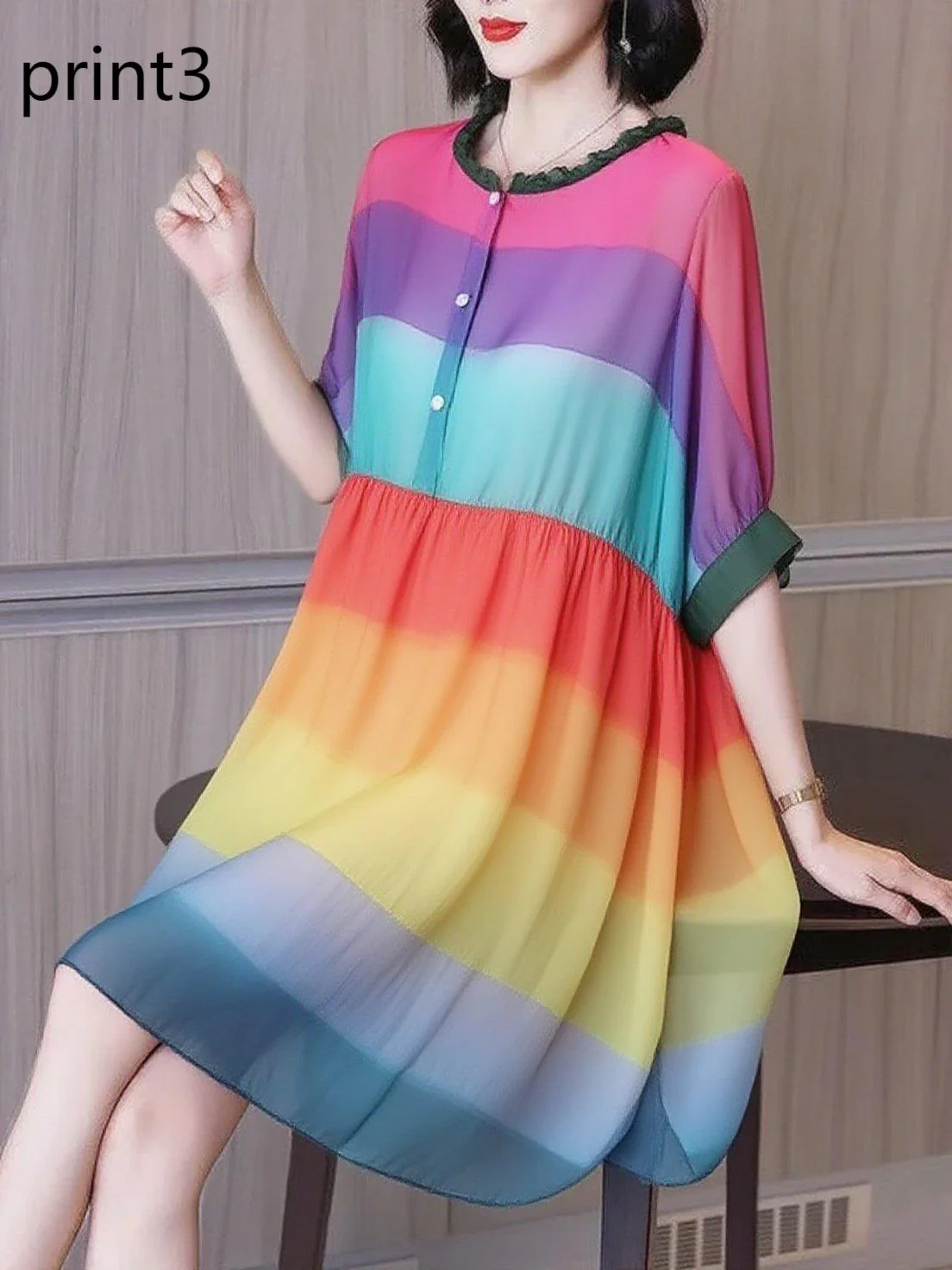 Fashion Ruffled Print2 Button Side Open Linen Vacation Dresses Half Sleeve - Image 3