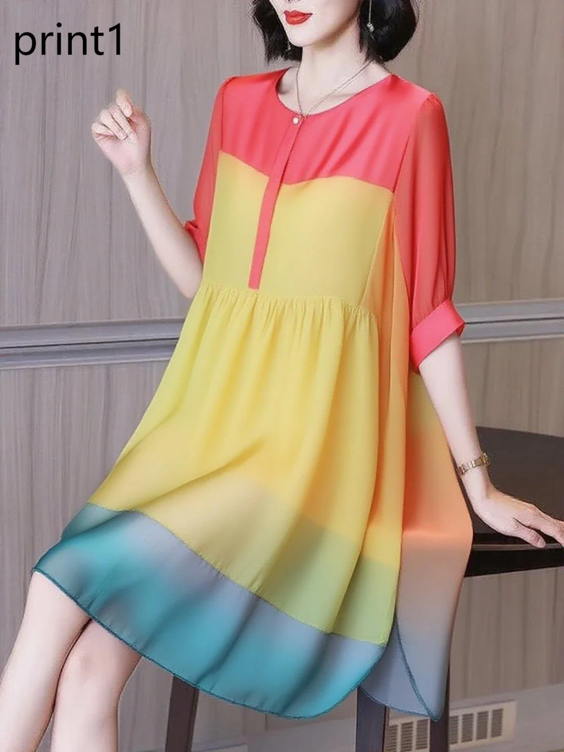 Fashion Ruffled Print3 Button Side Open Linen Vacation Dresses Half Sleeve - Image 3