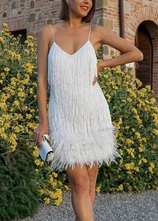 Fashion Sexy Pink V-Neck Tassel Sequin Feather Patchwork Suspender Dress - Image 2