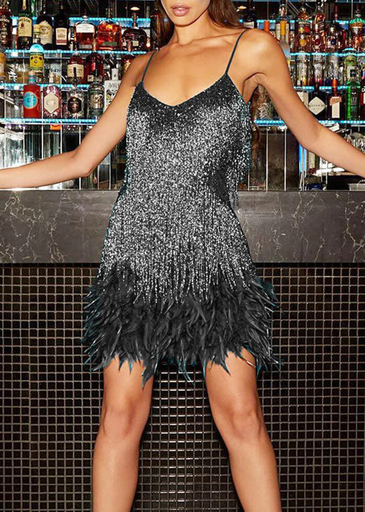Fashion Sexy Pink V-Neck Tassel Sequin Feather Patchwork Suspender Dress - Image 3