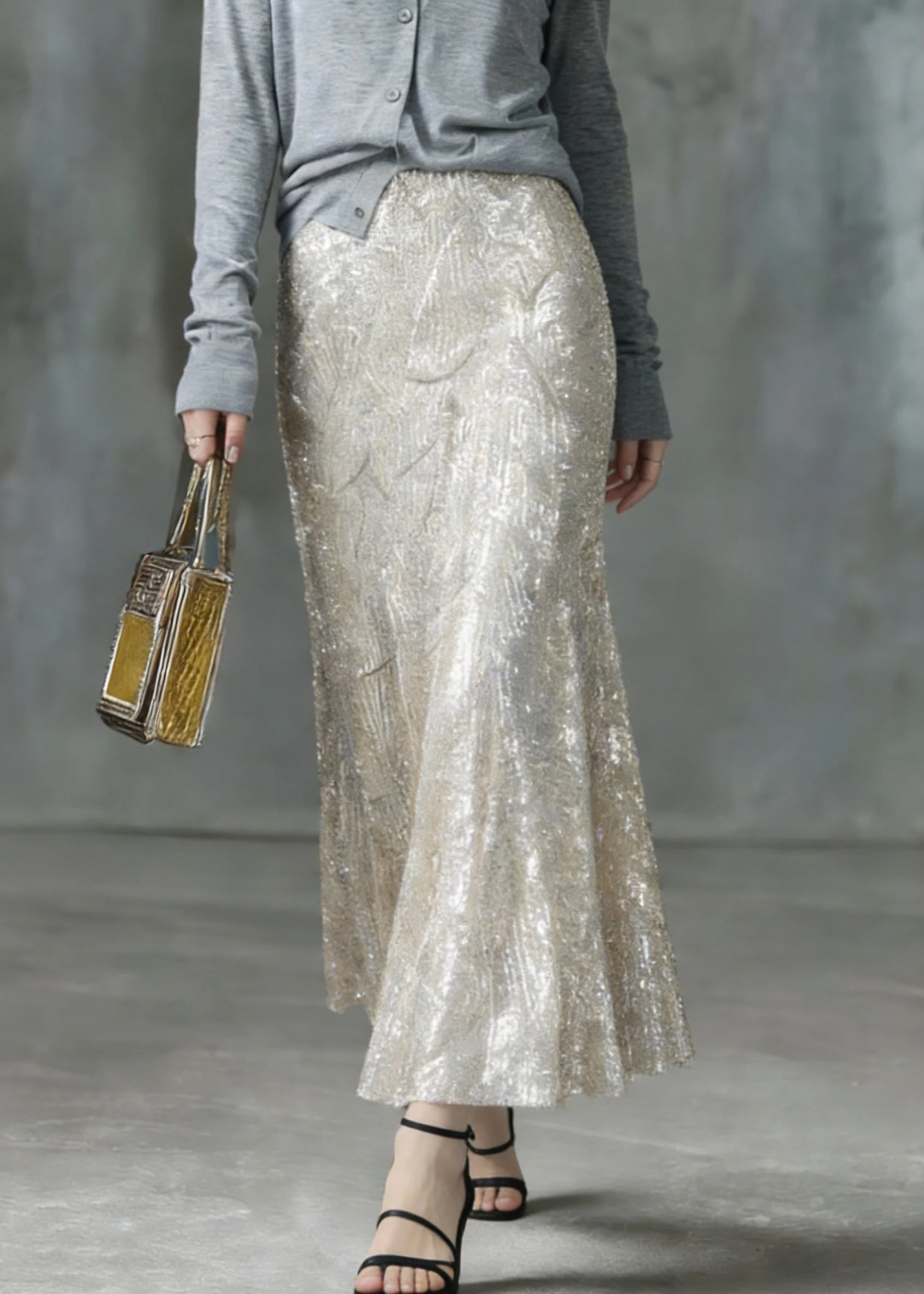Fashion Silver High Waist Sequins A Line Skirt - Image 3