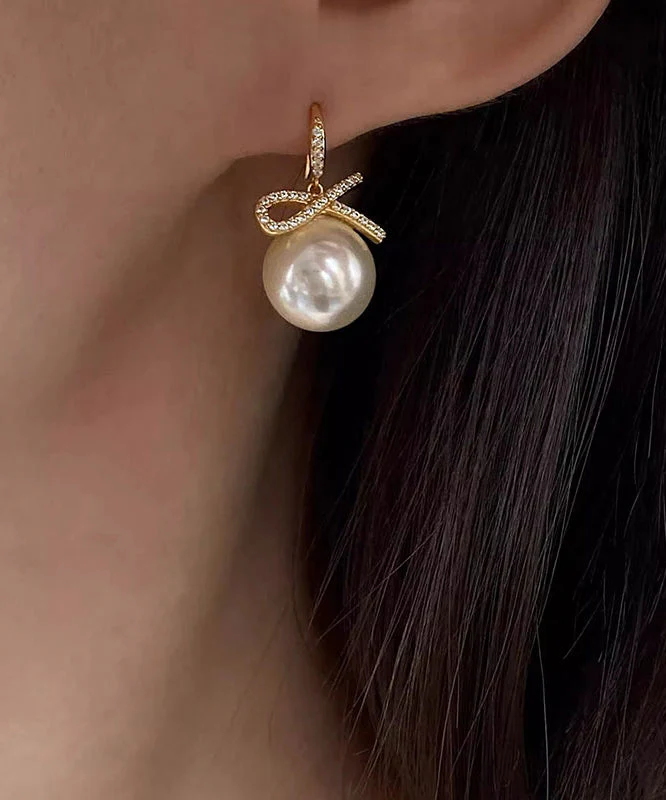 Fashion Silver Zircon Bow Pearl Silver Drop Earrings - Image 2