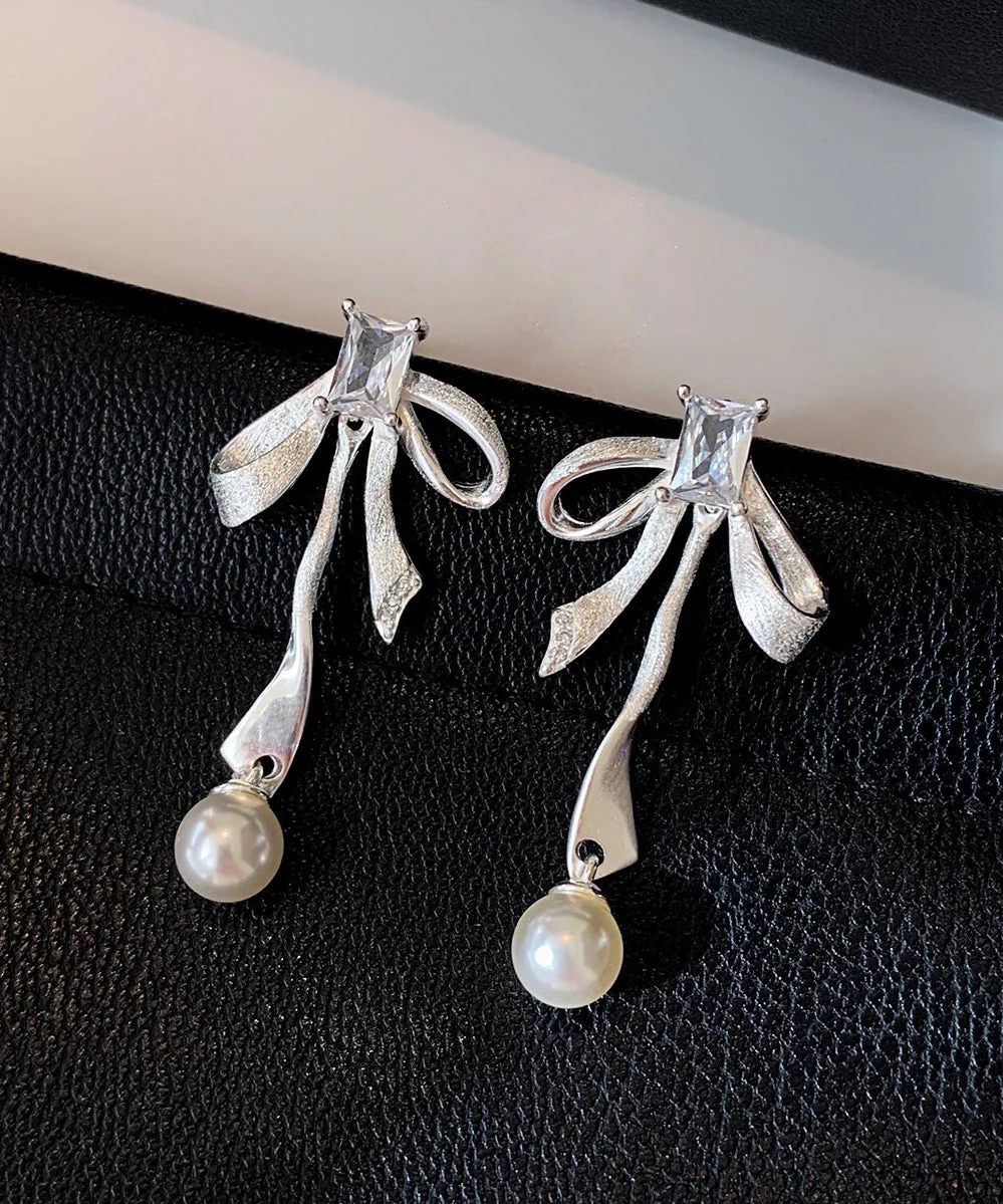 Fashion Silvery Bow Metal Pearl Pendant Fine Zircon Drop Earrings