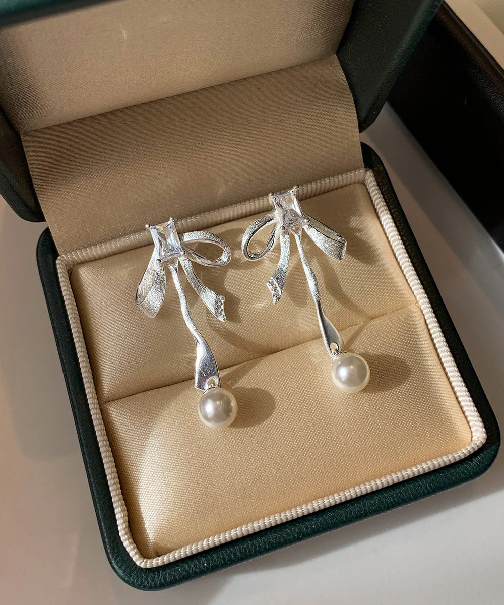 Fashion Silvery Bow Metal Pearl Pendant Fine Zircon Drop Earrings - Image 5