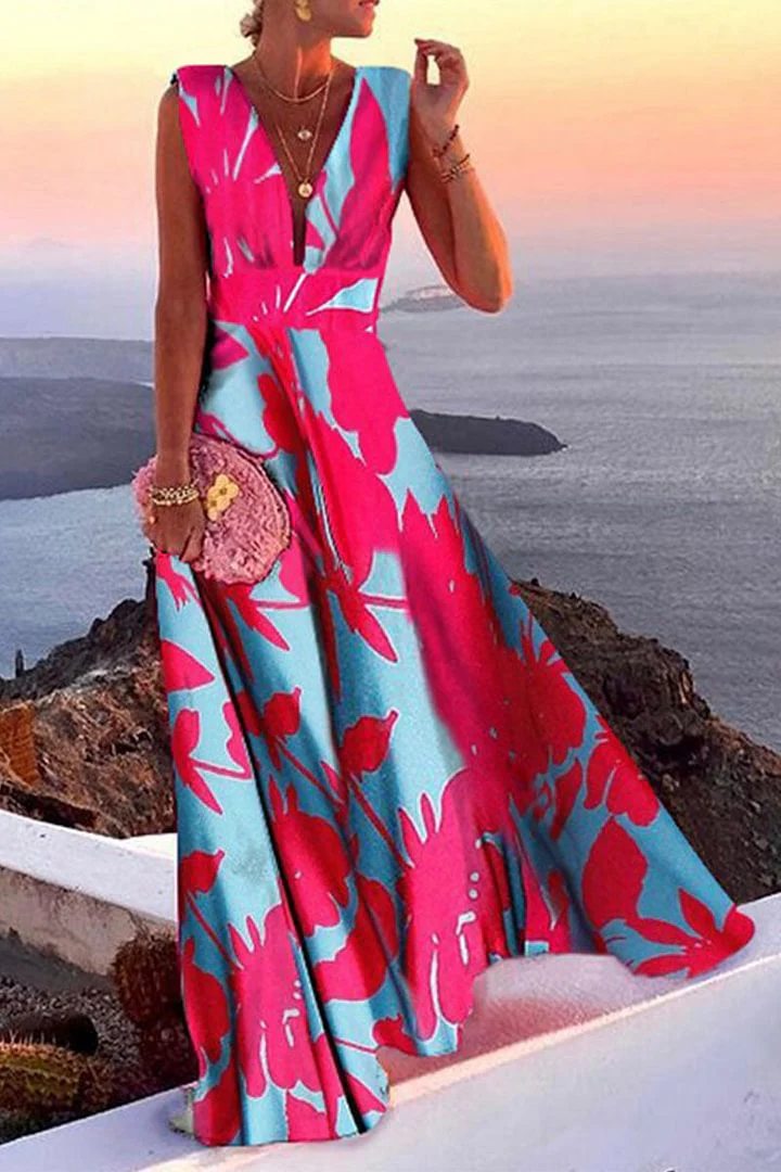Fashion Simplicity White flowers Split Joint V Neck A Line Dresses - Image 3