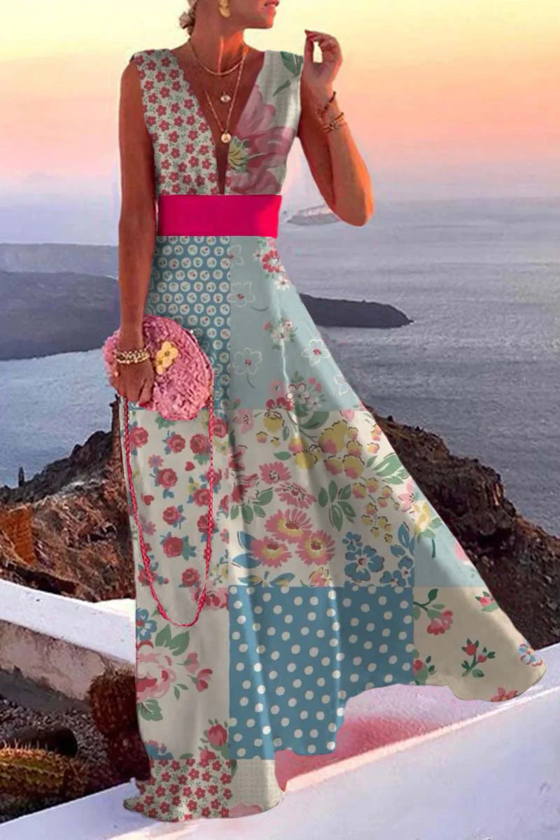 Fashion Simplicity White flowers Split Joint V Neck A Line Dresses - Image 7