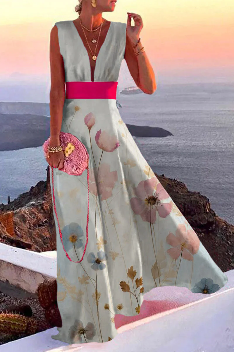 Fashion Simplicity Blue Flowers Split Joint V Neck A Line Dresses - Image 2