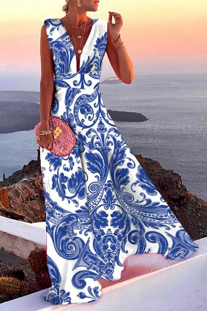 Fashion Simplicity Blue Flowers Split Joint V Neck A Line Dresses - Image 6