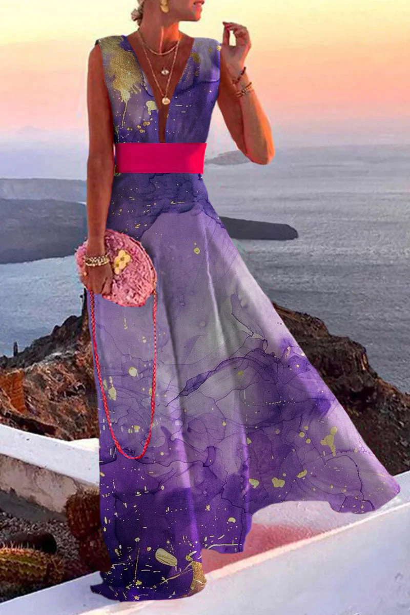 Fashion Simplicity Blue Flowers Split Joint V Neck A Line Dresses - Image 8