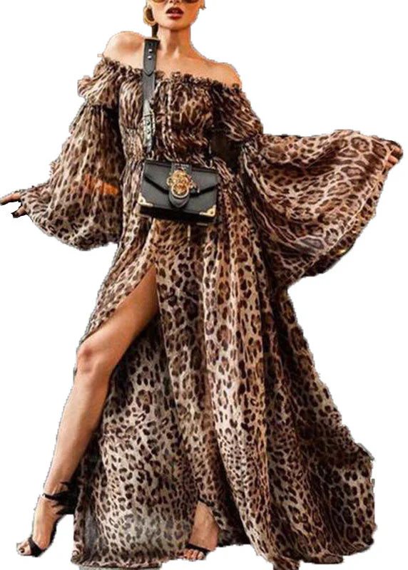 Fashion Slash Neck Backless Ruffled Leopard Print Side Open Long Dresses Flare Sleeve - Image 5