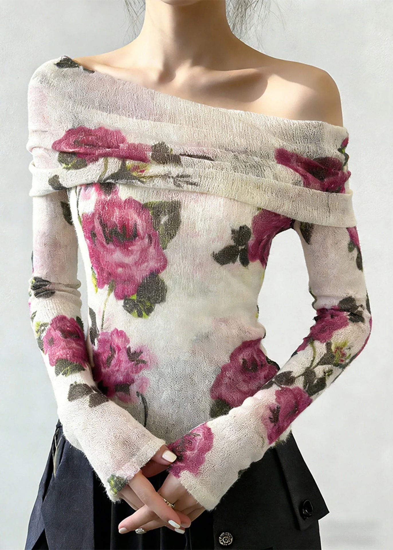 Fashion Slash Neck Print Knitting Cotton T Shirt Spring - Image 2