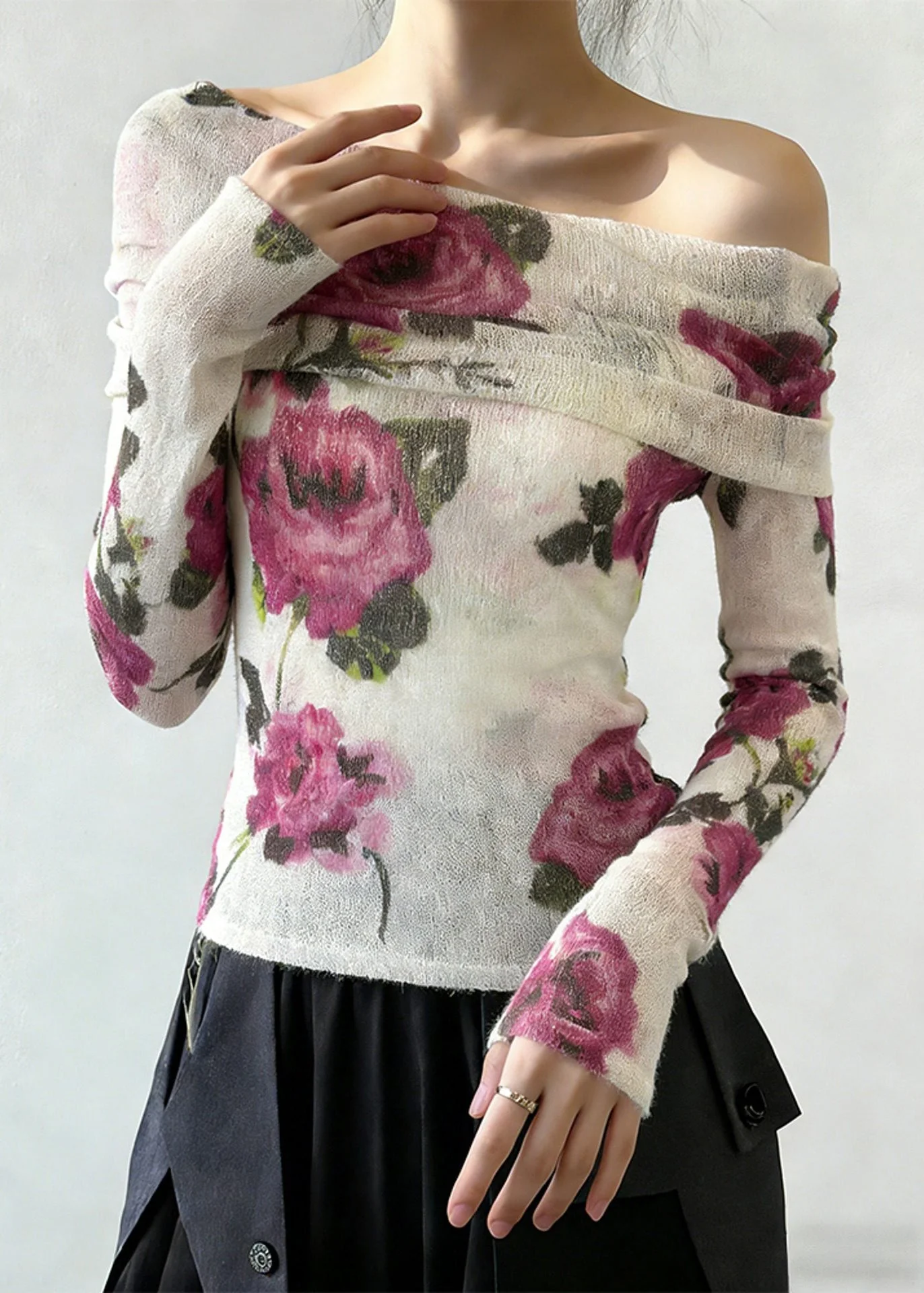 Fashion Slash Neck Print Knitting Cotton T Shirt Spring - Image 3