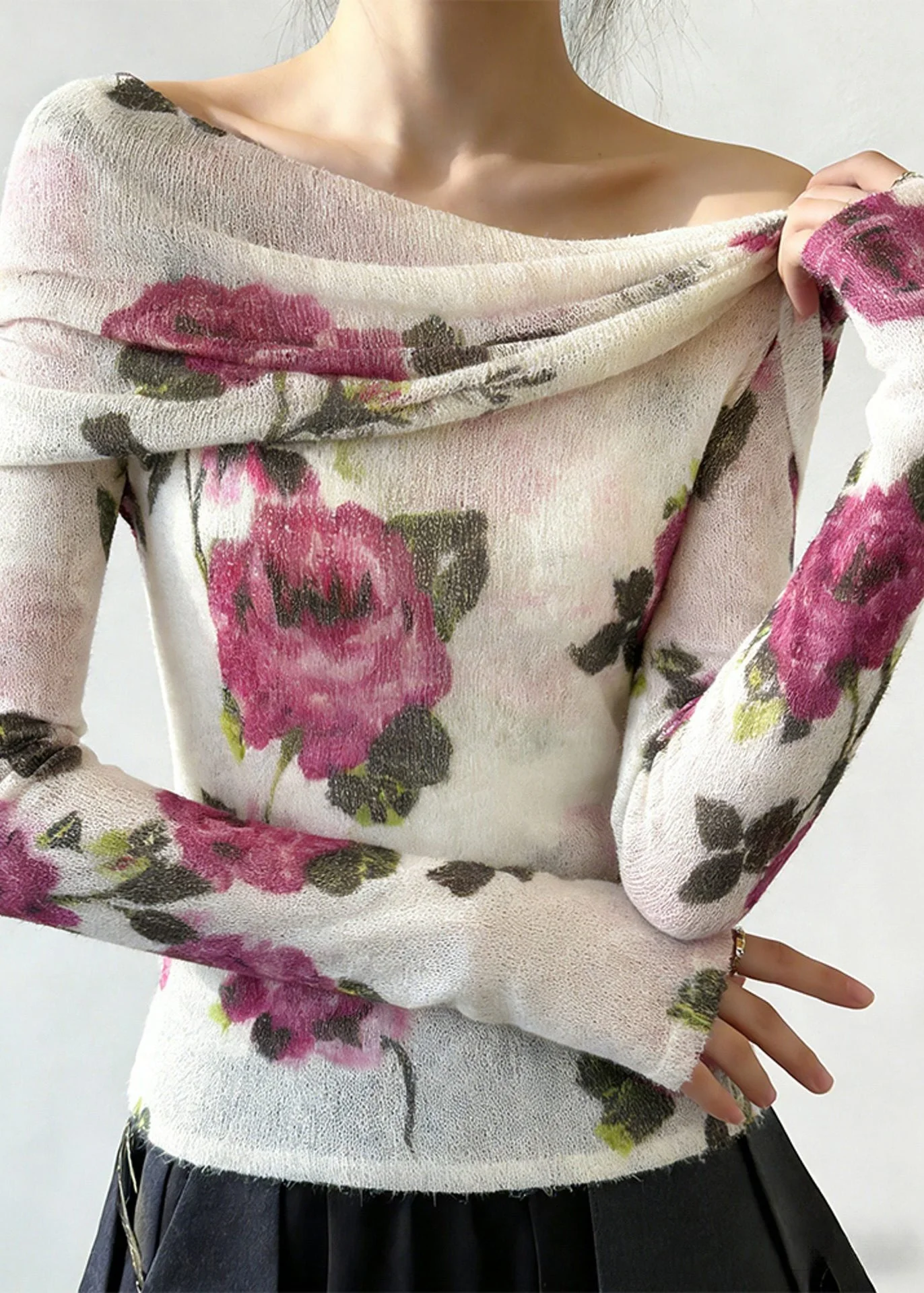 Fashion Slash Neck Print Knitting Cotton T Shirt Spring - Image 5