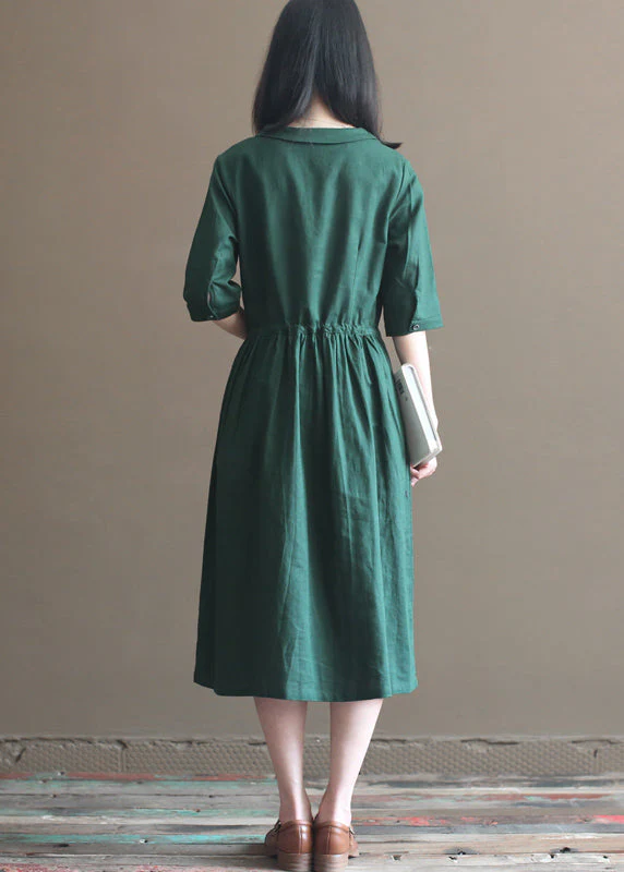 Fashion Solid Green Drawstring Peter Pan Collar Linen Long Dress Half Sleeve - Image 3