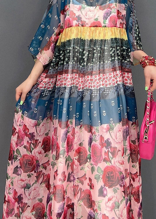 Fashion Square Collar Print Chiffon Long Dresses Short Sleeve - Image 5