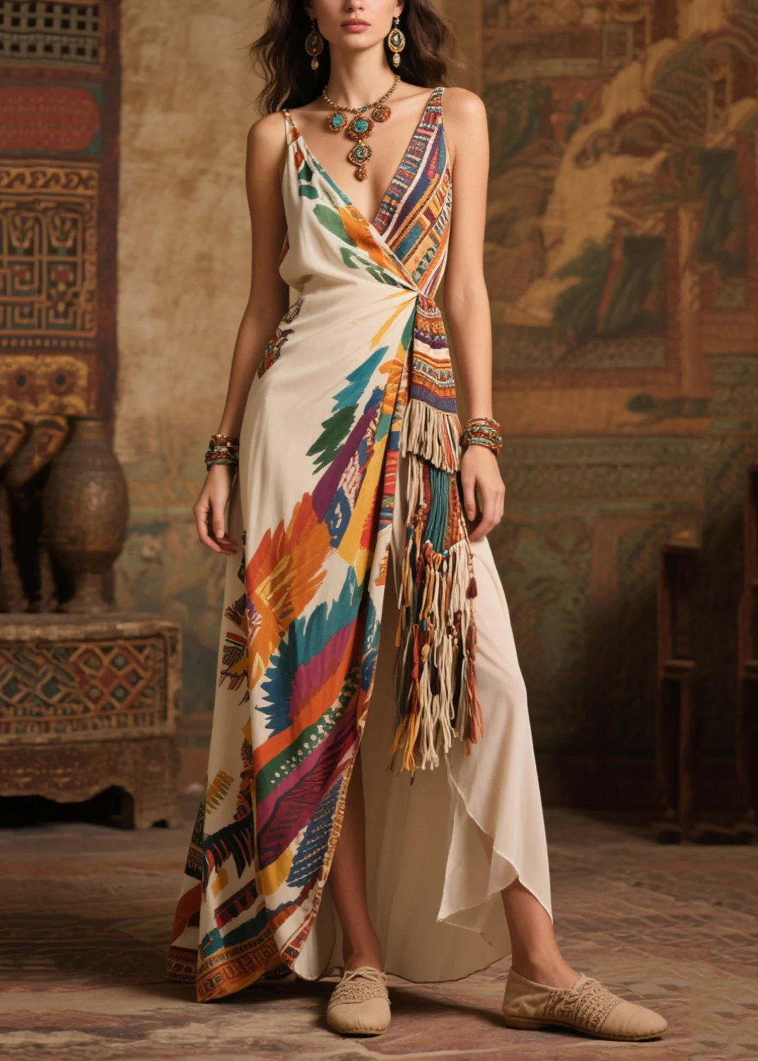 Fashion Tasseled Print Side Open Chiffon Holiday Dress Summer - Image 5