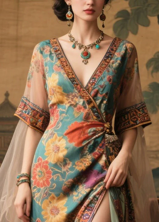 Fashion Tea Green Floral Side Open Chiffon Dinner Dress Summer - Image 2