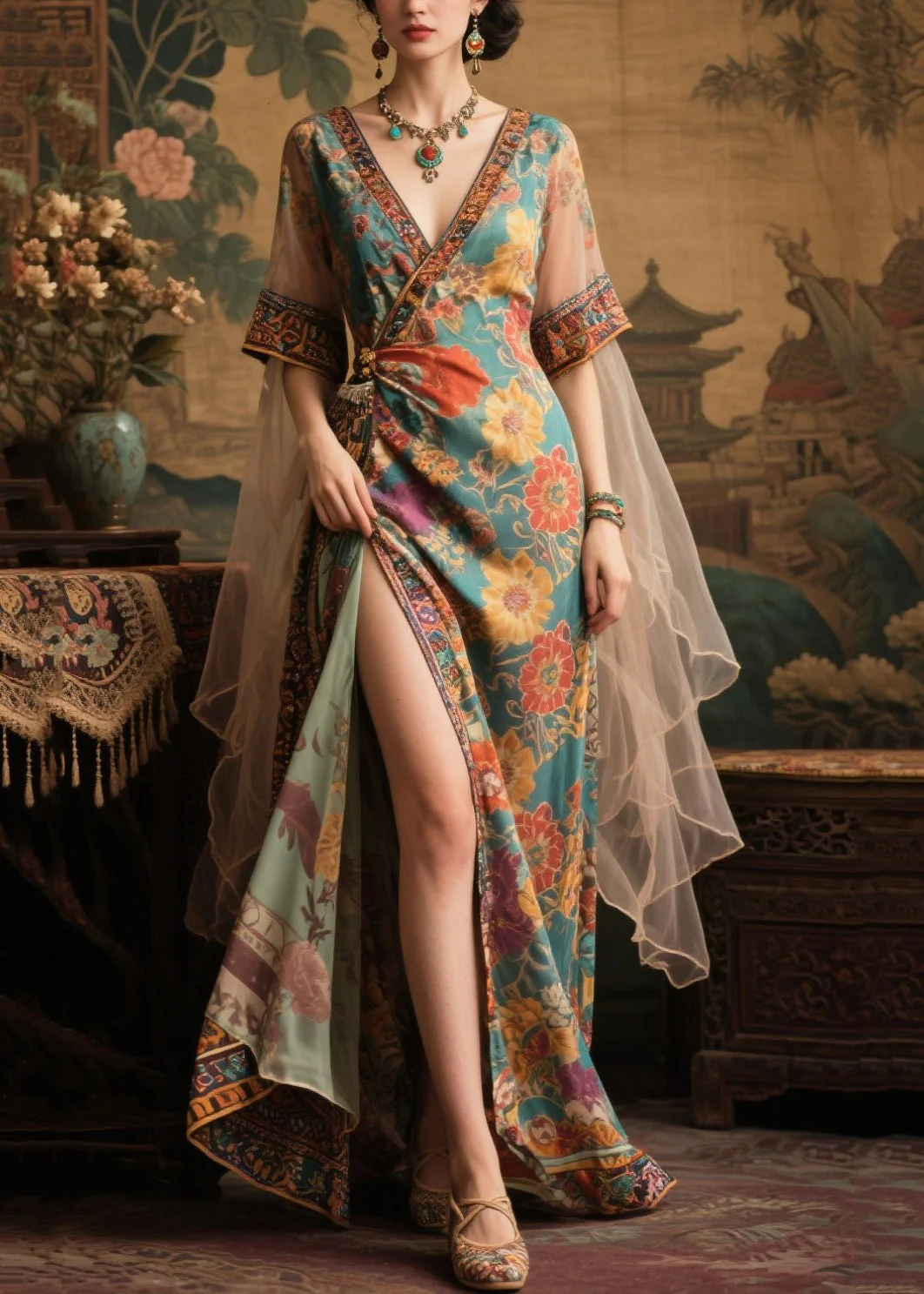 Fashion Tea Green Floral Side Open Chiffon Dinner Dress Summer - Image 3