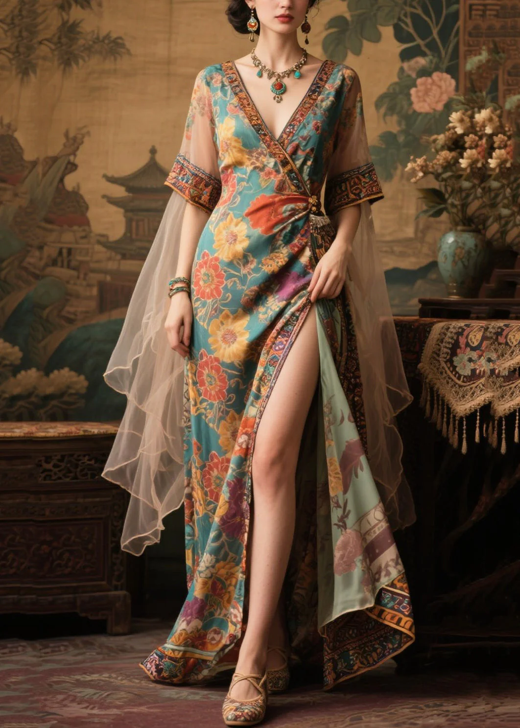 Fashion Tea Green Floral Side Open Chiffon Dinner Dress Summer - Image 5