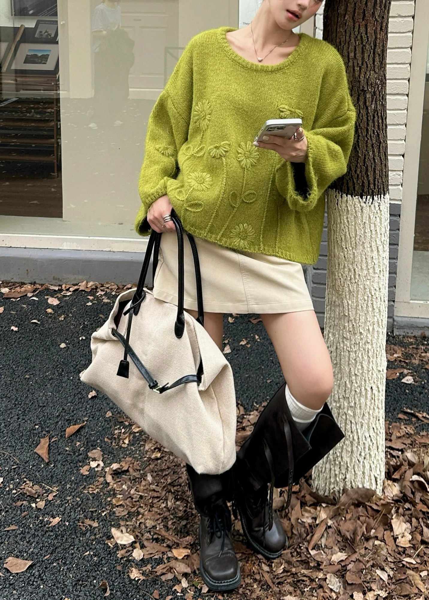 Fashion Tea Green Oversized Floral Knit Sweater Winter - Image 4