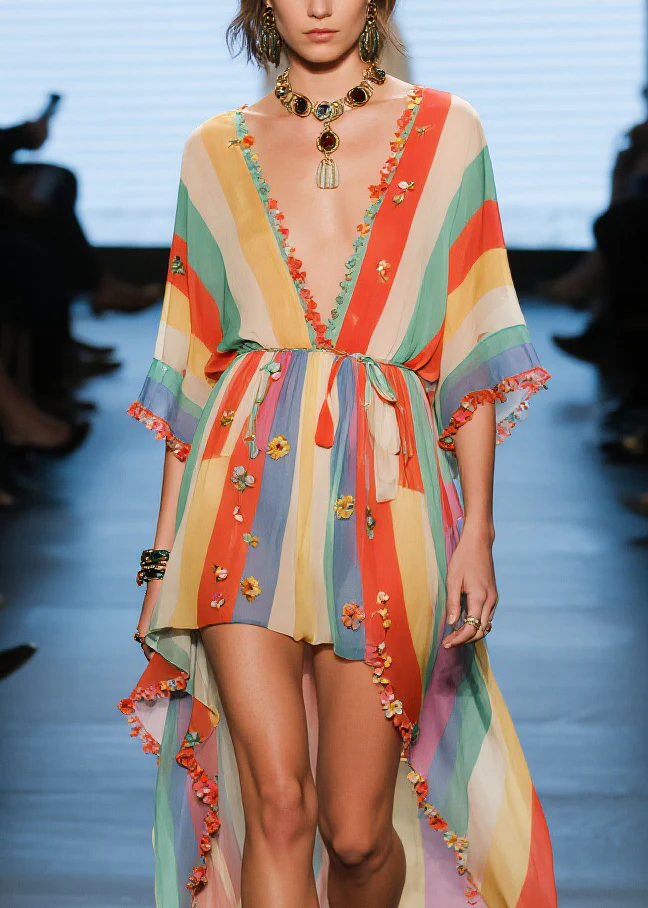 Fashion V Neck Floral Low High Design Cotton Dresses Summer - Image 2