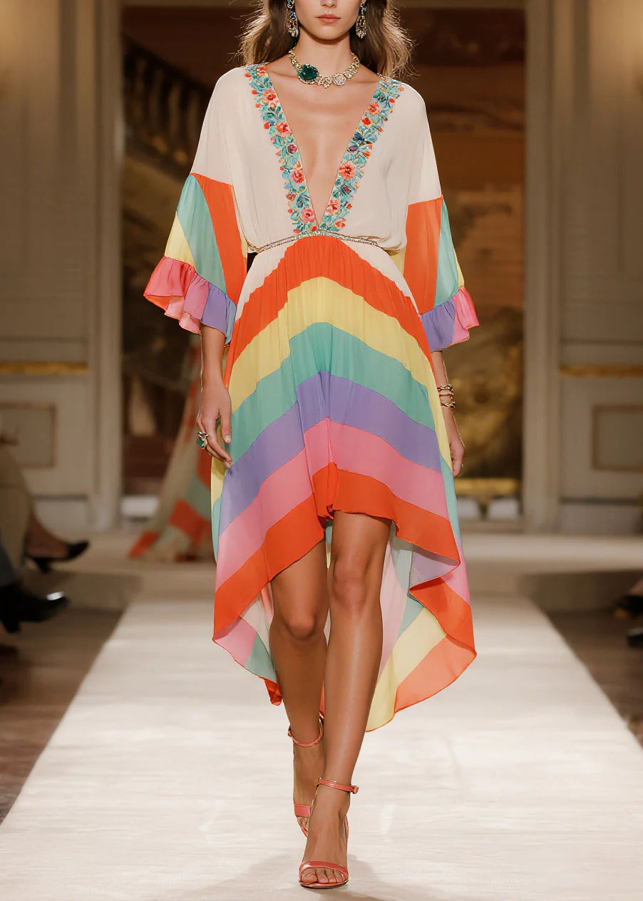 Fashion V Neck Print Low High Design Chiffon Dress Summer - Image 5