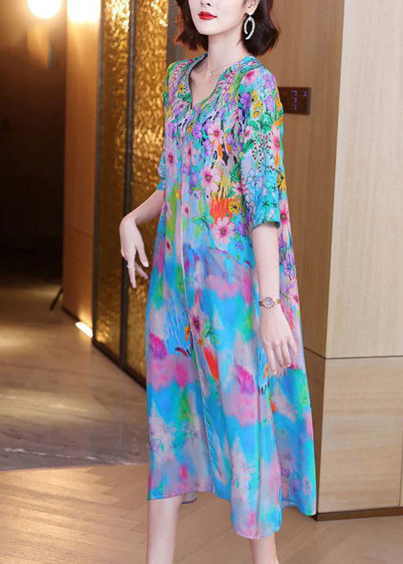 Fashion V Neck Print Silk Long Dresses Half Sleeve - Image 3
