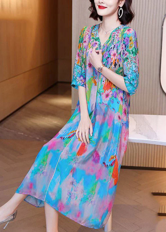 Fashion V Neck Print Silk Long Dresses Half Sleeve - Image 4