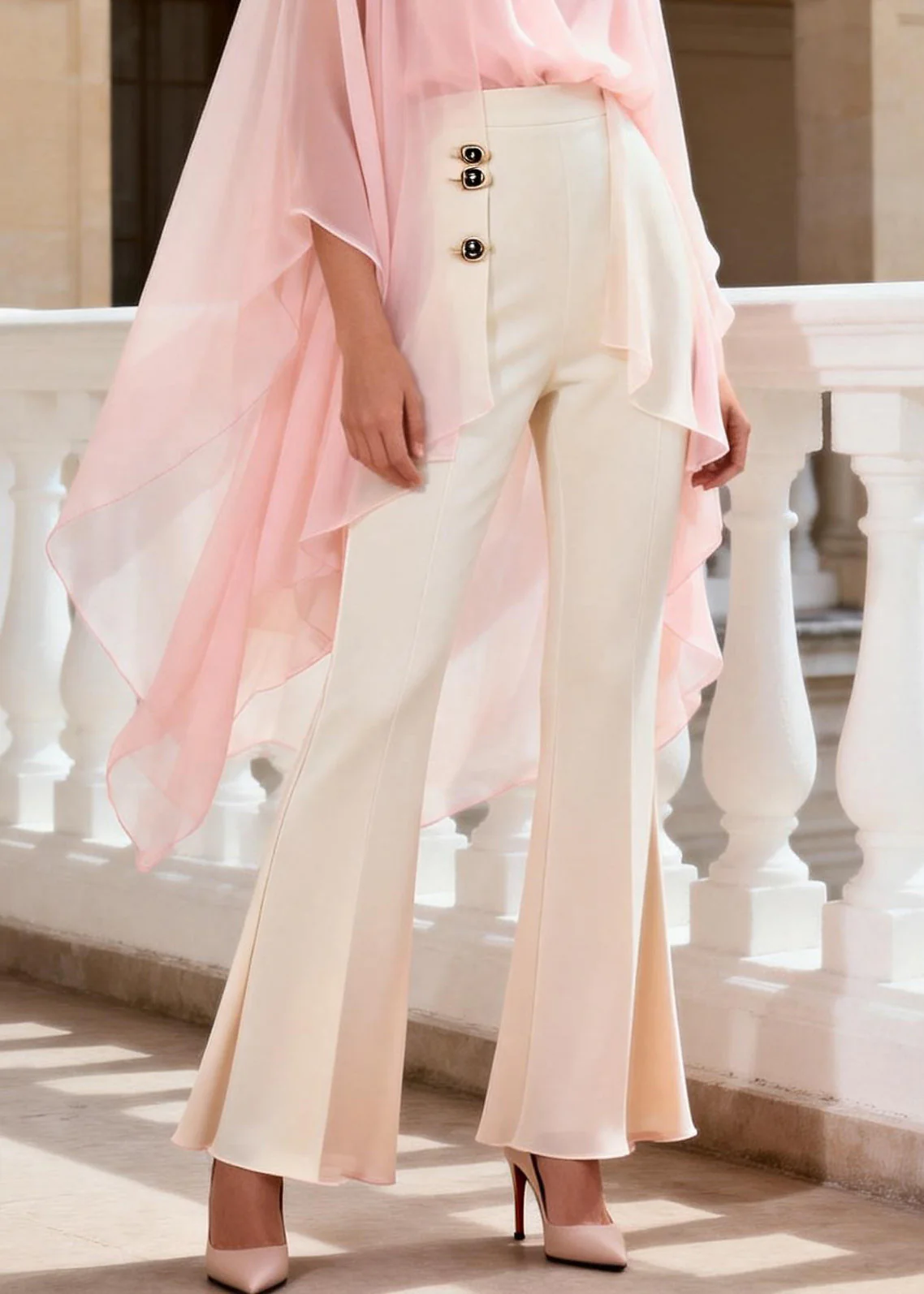 Fashion V Neck Top And Flared Trousers Silk Two Piece Suit Set Summer - Image 4