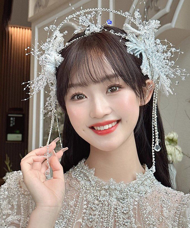 Fashion White Alloy Crystal Tassel Crown And Drop Earrings Two-Piece Set - Image 2