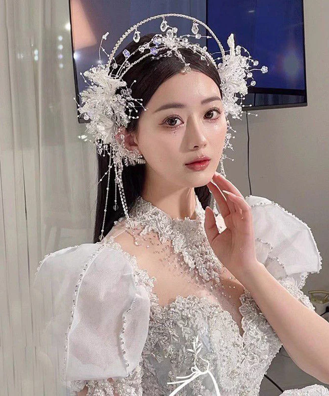 Fashion White Alloy Crystal Tassel Crown And Drop Earrings Two-Piece Set - Image 3