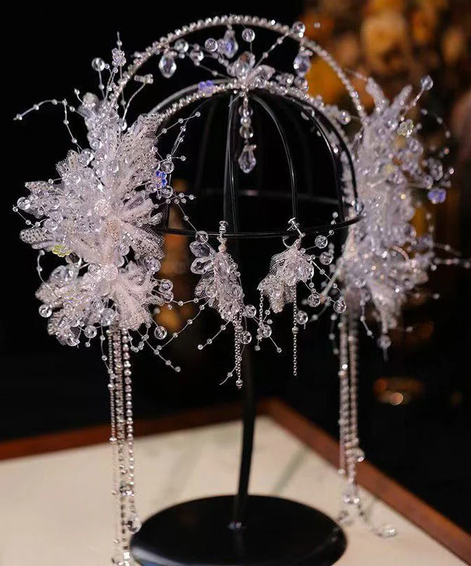 Fashion White Alloy Crystal Tassel Crown And Drop Earrings Two-Piece Set - Image 4