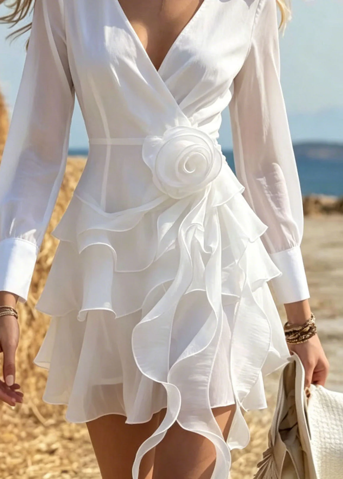 Fashion White Asymmetrical Design Floral Cotton Mini Dress Spring - Image 4