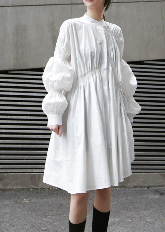 Fashion White Cinched Asymmetrical Design Cotton Dress Fall - Image 3
