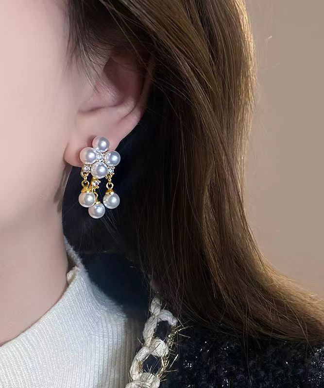 Fashion White Copper Alloy Zircon Pearl Tassel Drop Earrings - Image 2